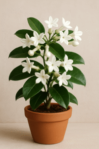 Madagascar Jasmine indoor plants with white flowers in a tob
